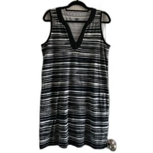 Land's End Women Dress Sz M 10-12 Cotton Black White Striped Sleeveless Pockets